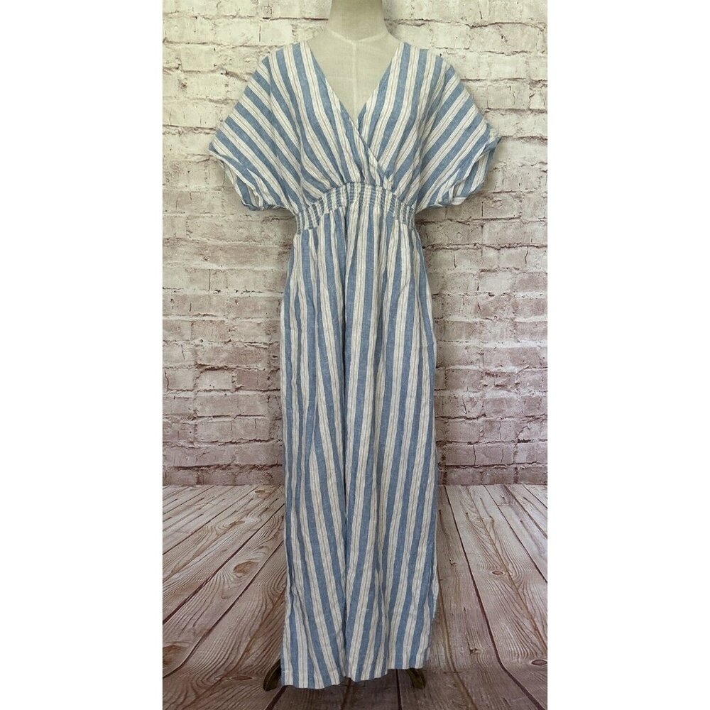 Boden Womens Dress Linen Kaftan Maxi Porcelain Blue Lurex Stripe Size 12P Petite